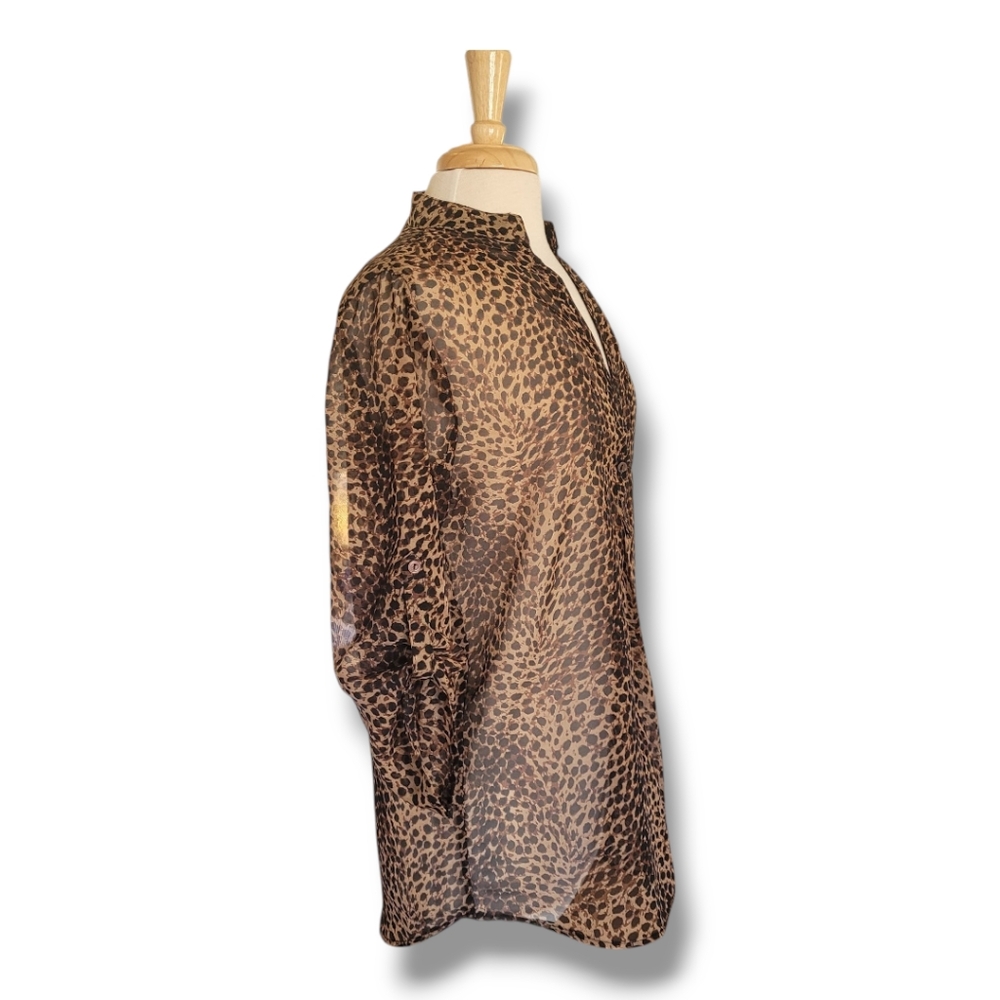 Sheer Animal Print V-Neck Blouse with Mandarin Collar. By Mix & Co. Size Medium - Picture 6 of 9